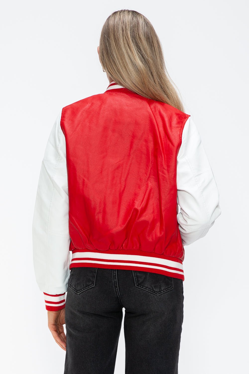 LOVE ME NOW - Red & White Vegan Leather Varsity Bomber Jacket