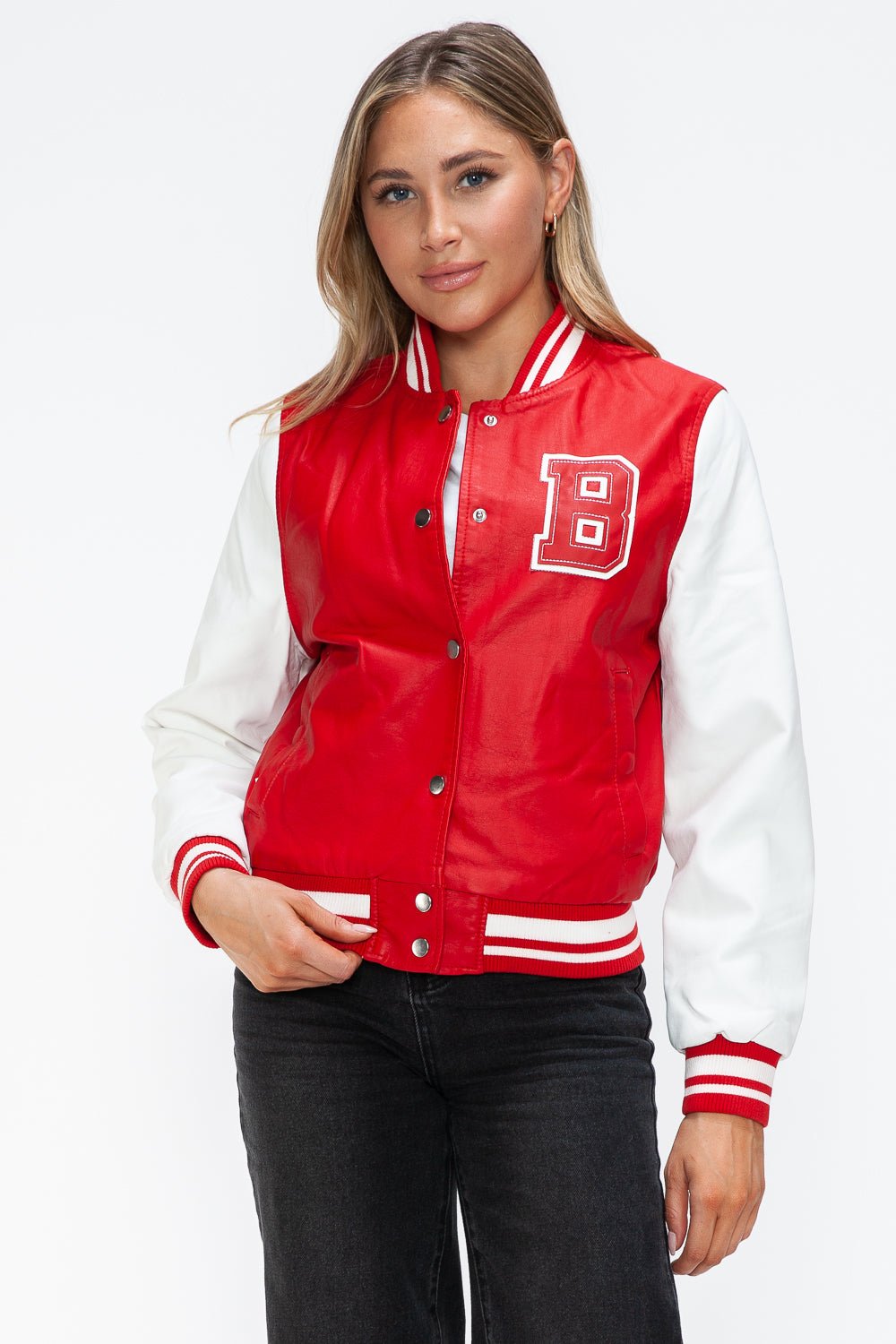 LOVE ME NOW - Red & White Vegan Leather Varsity Bomber Jacket