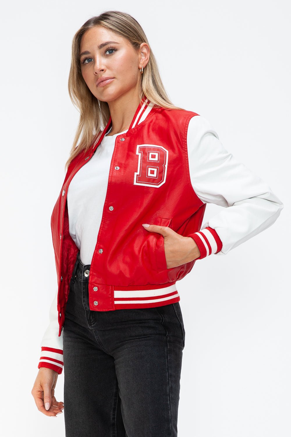 LOVE ME NOW - Red & White Vegan Leather Varsity Bomber Jacket