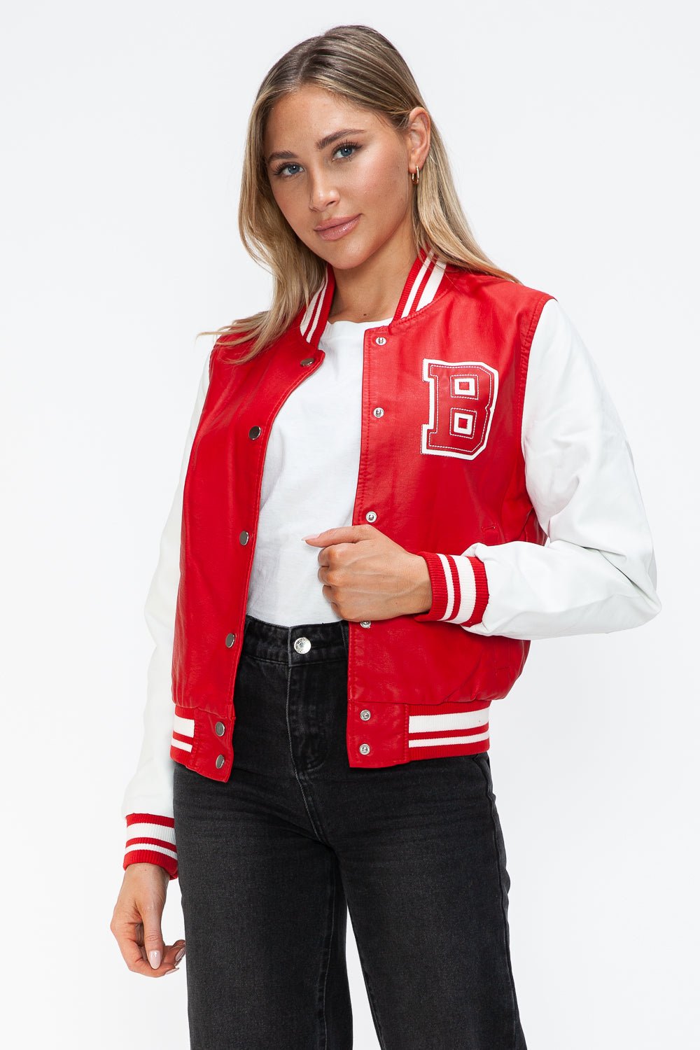 LOVE ME NOW - Red & White Vegan Leather Varsity Bomber Jacket