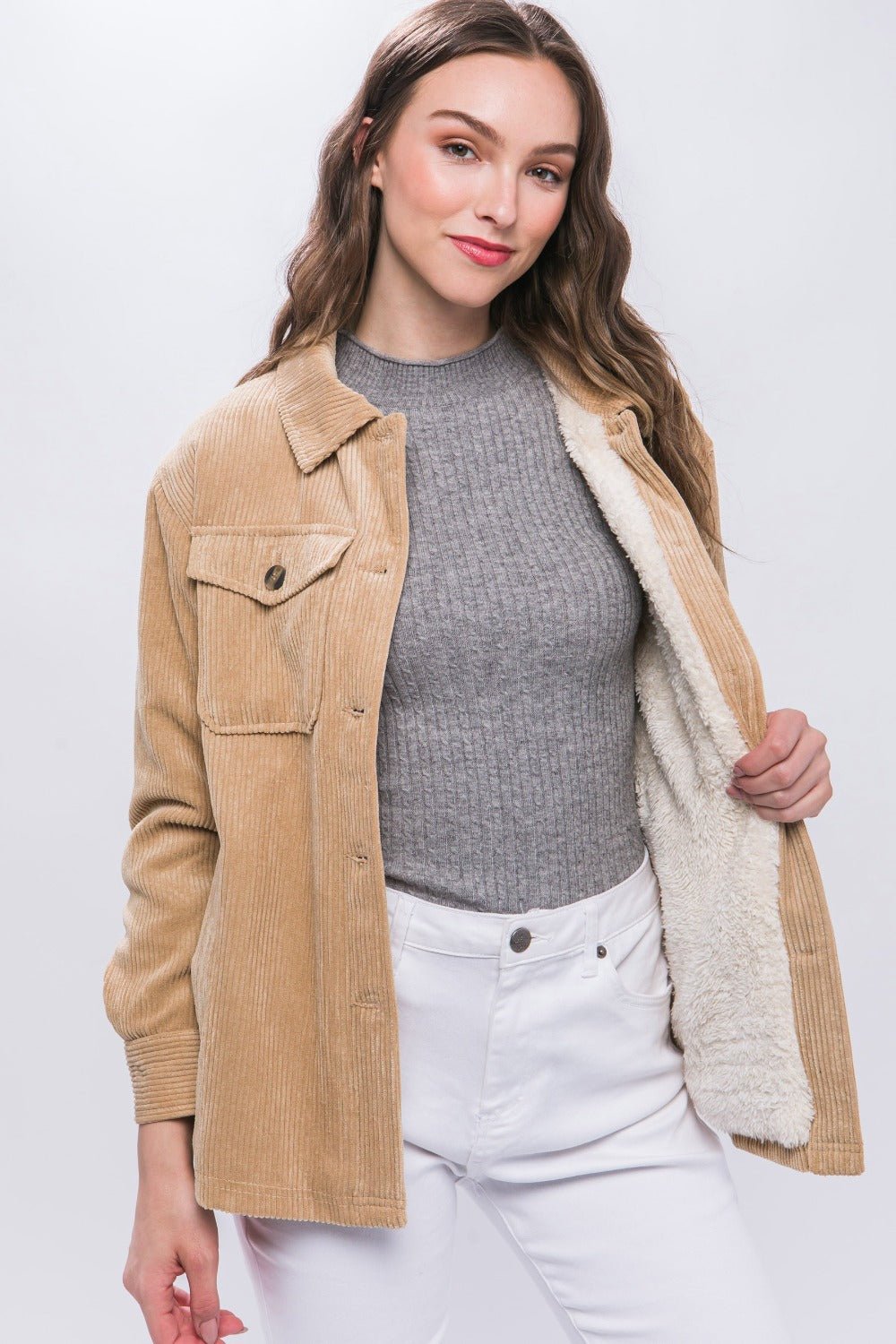 Love Tree - Beige Sherpa Lined Corduroy Button Up Jacket