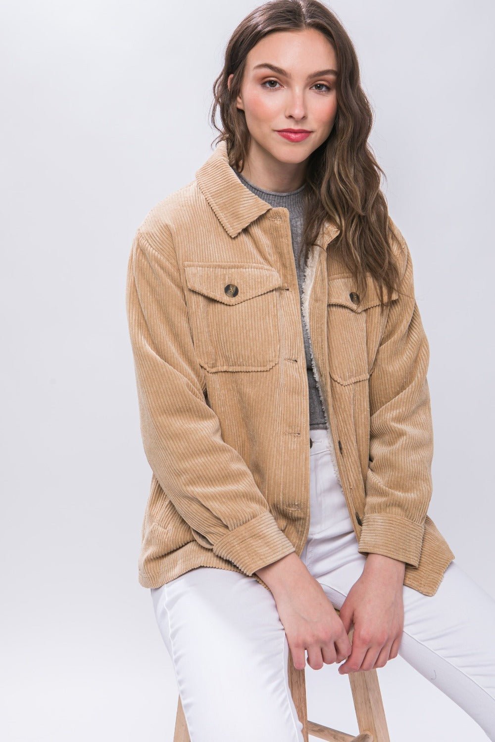 Love Tree - Beige Sherpa Lined Corduroy Button Up Jacket