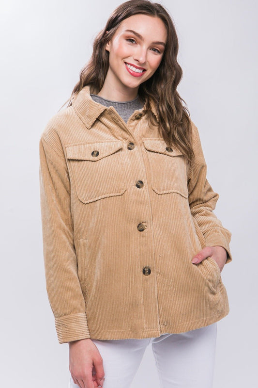 Love Tree - Beige Sherpa Lined Corduroy Button Up Jacket