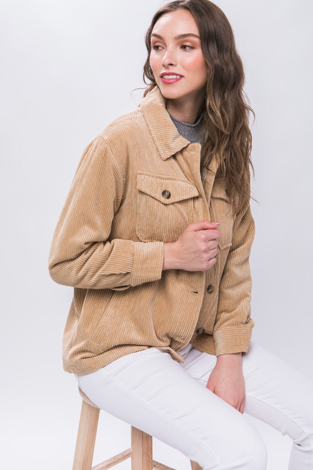 Love Tree - Beige Sherpa Lined Corduroy Button Up Jacket