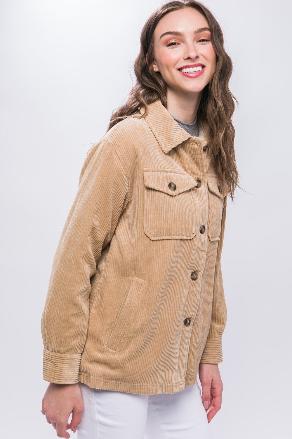 Love Tree - Beige Sherpa Lined Corduroy Button Up Jacket