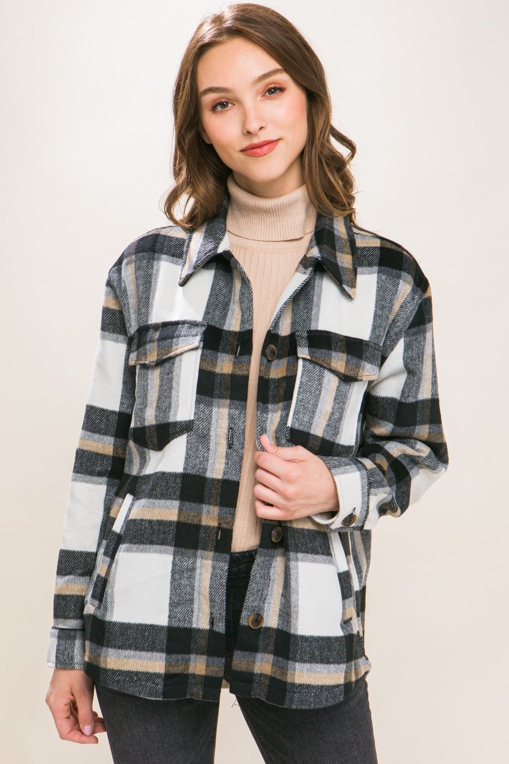 Love Tree - Black Plaid Button Up Shacket