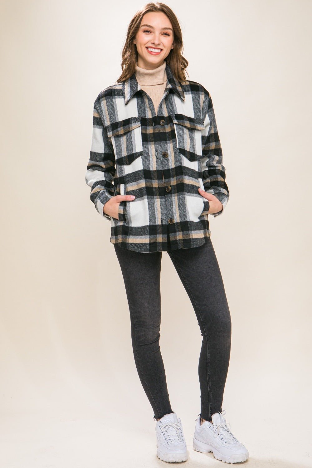 Love Tree - Black Plaid Button Up Shacket