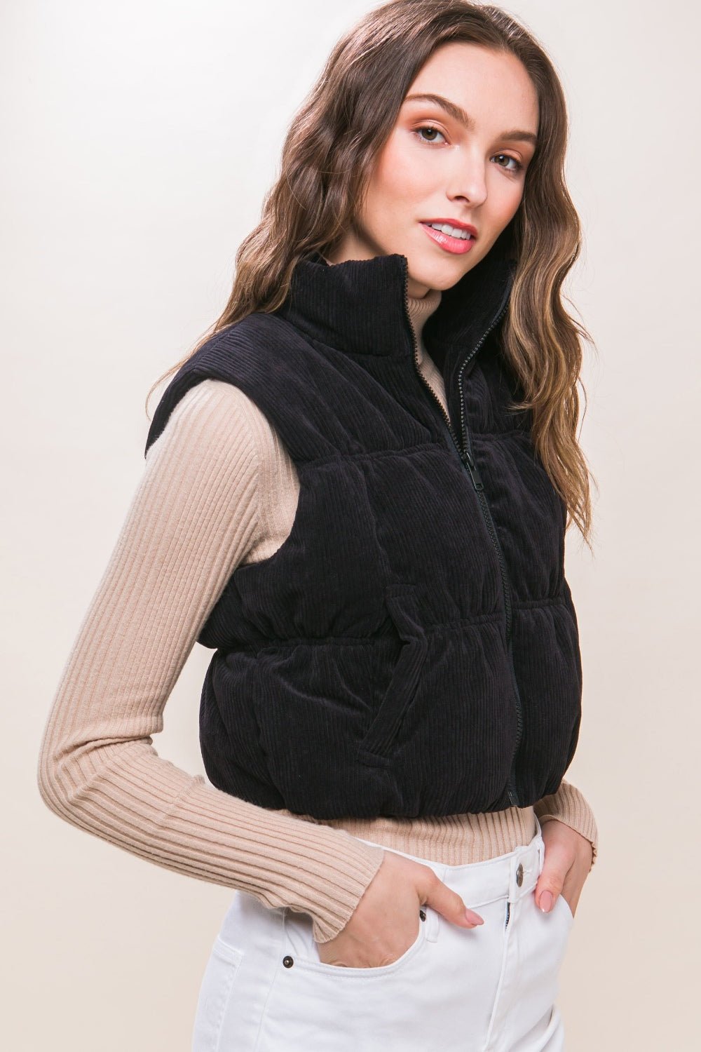 Love Tree - Black Zip Up Corduroy Puffer Vest with Pockets