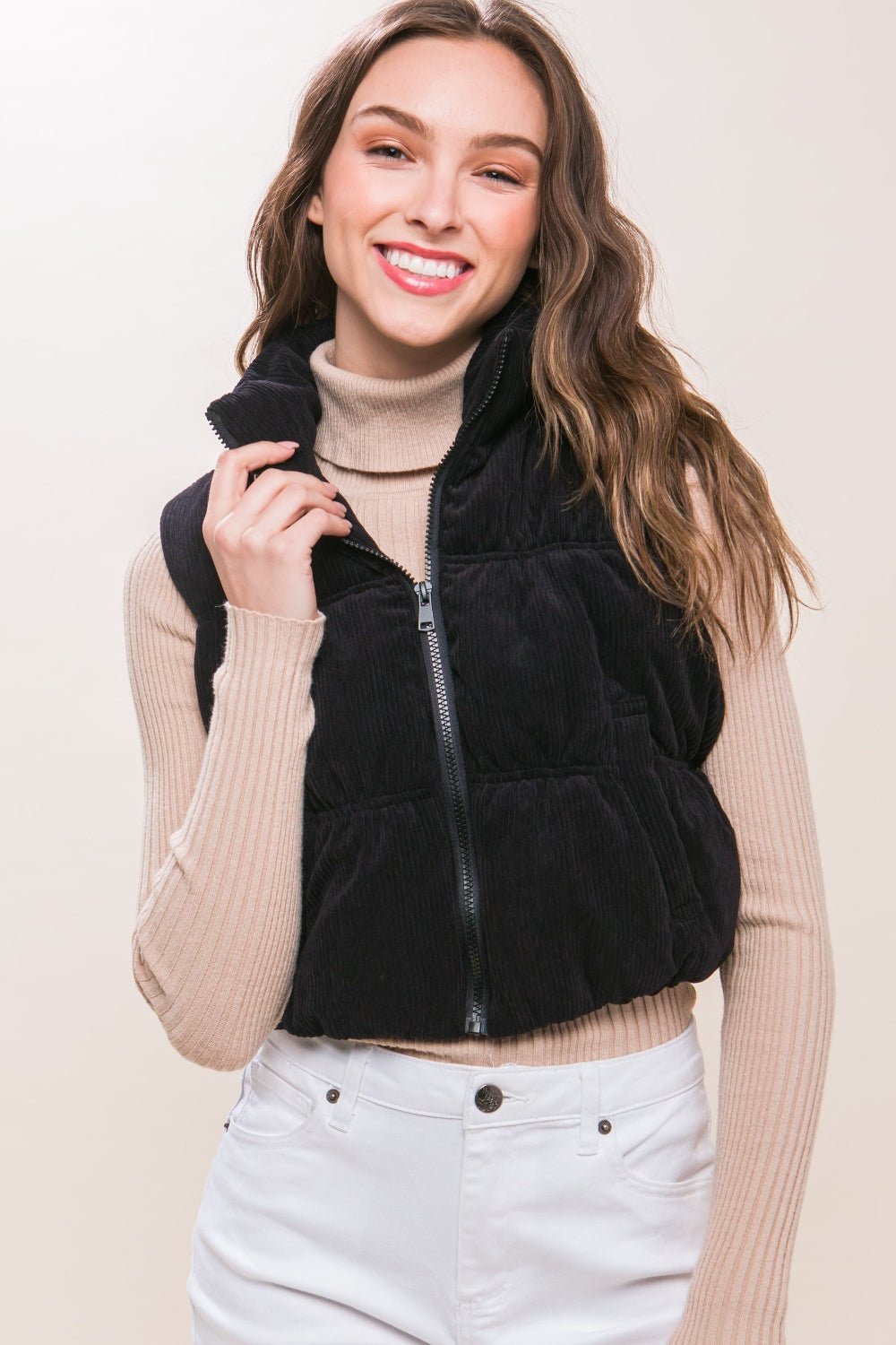 Love Tree - Black Zip Up Corduroy Puffer Vest with Pockets