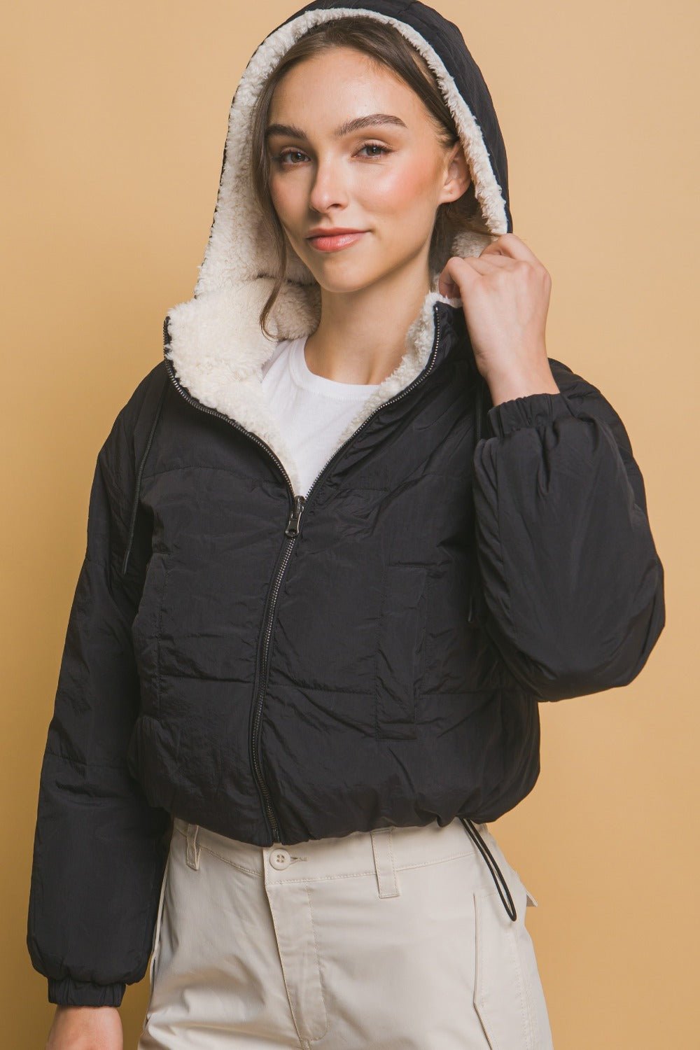 Love Tree - Black Zip Up Cropped Hooded Sherpa Jacket