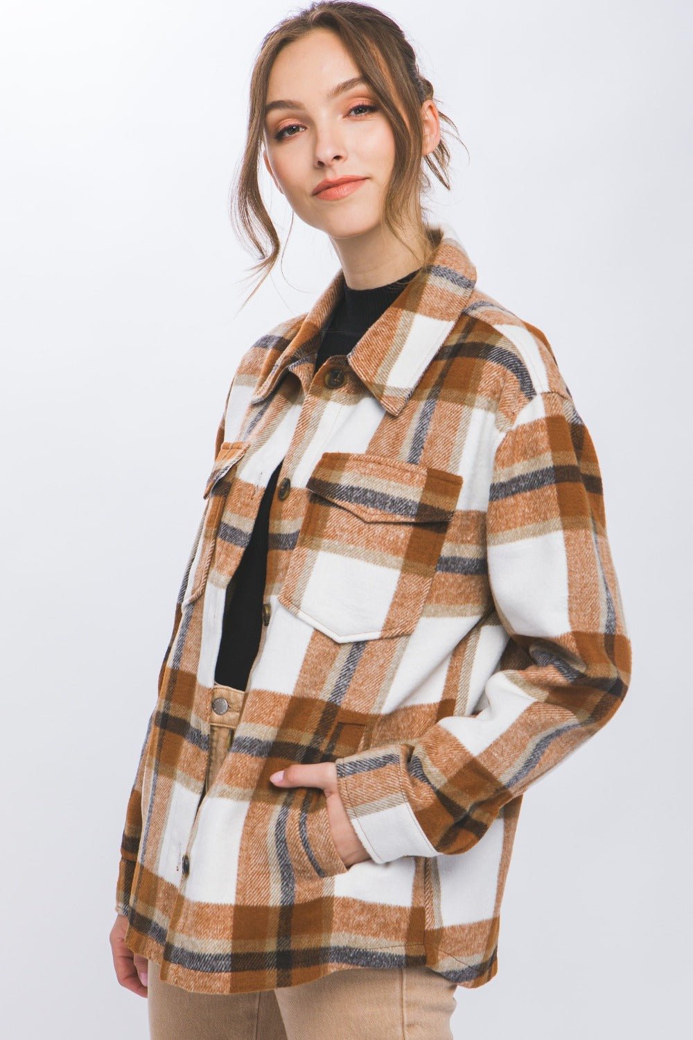 Love Tree - Button Up Plaid Shacket in Clay