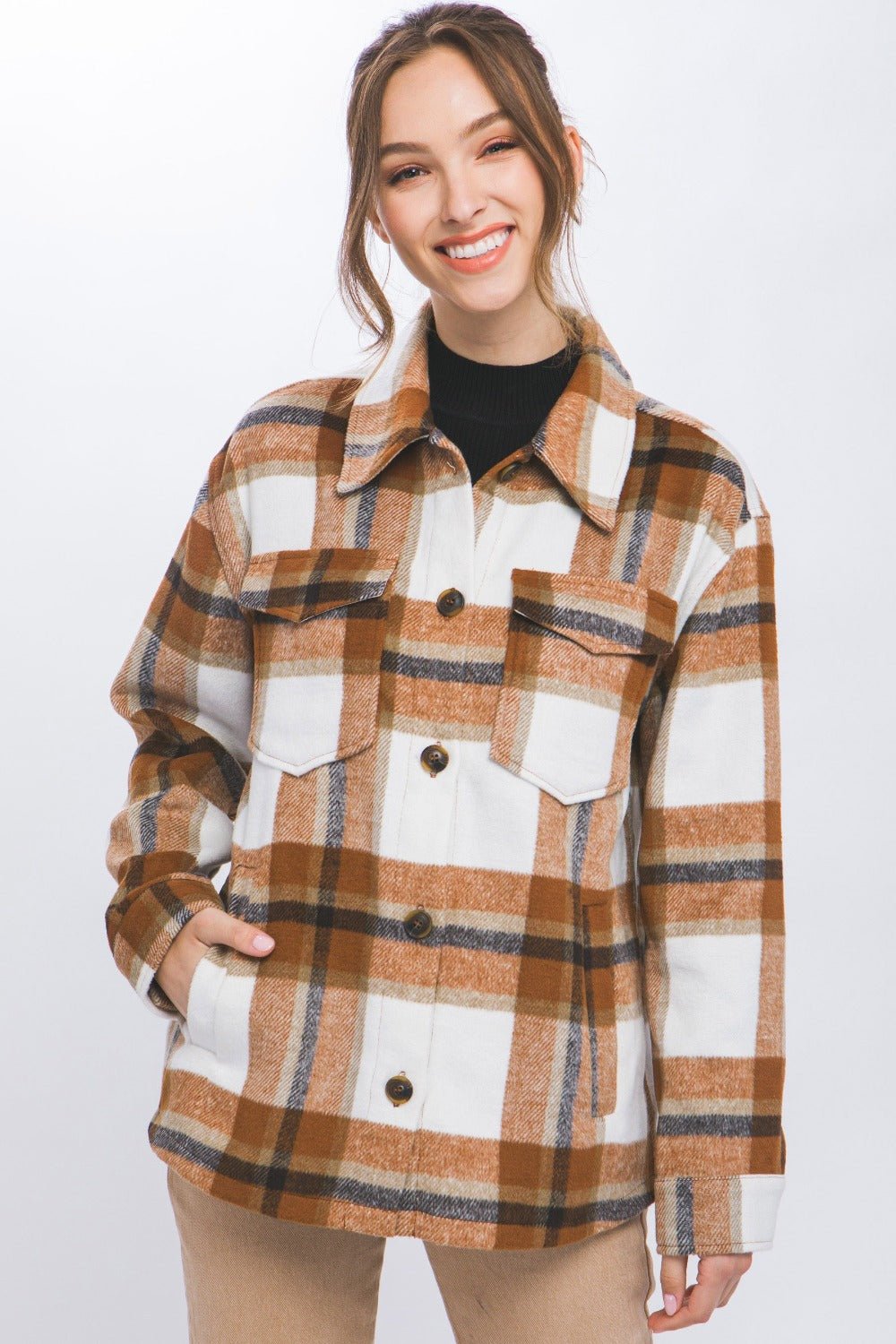 Love Tree - Button Up Plaid Shacket in Clay