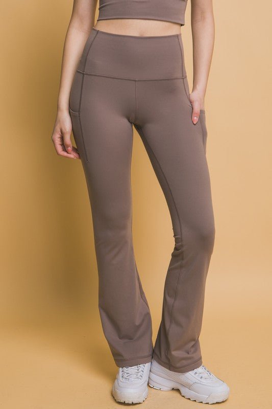 Love Tree - High Waist Flare Leggings with Pockets in Taupe