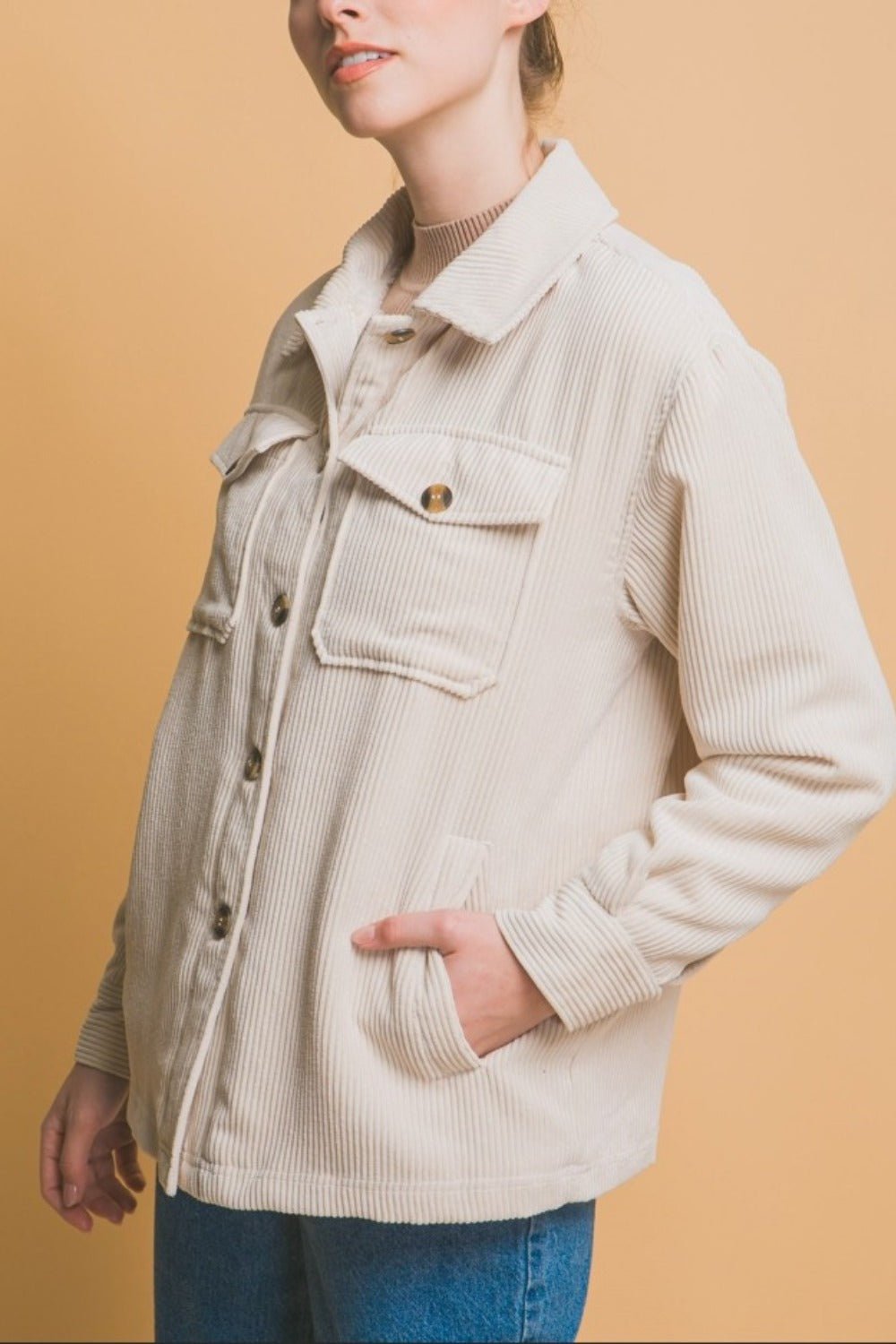 Love Tree - Sherpa Lined Button Up Corduroy Jacket in Cream