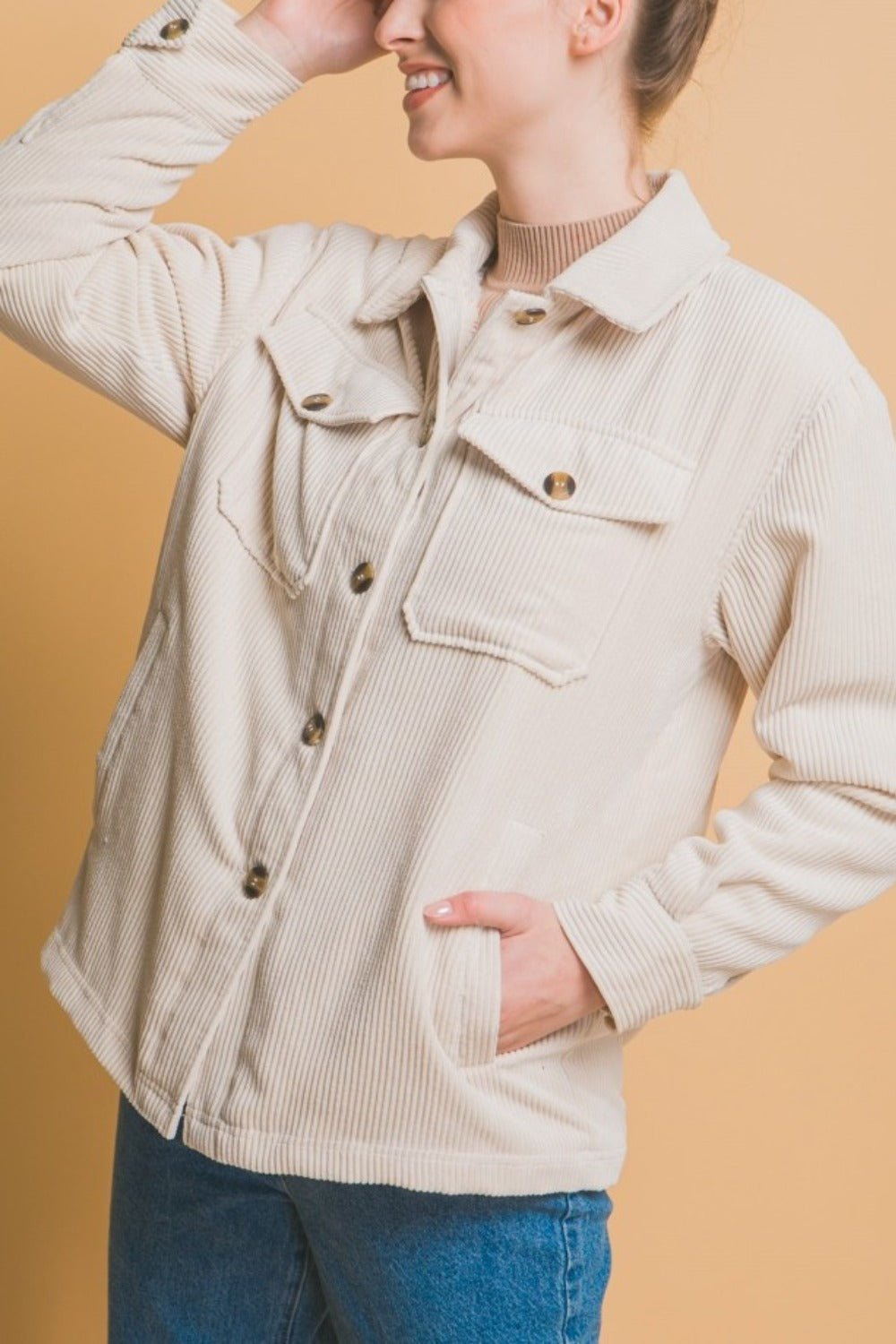 Love Tree - Sherpa Lined Button Up Corduroy Jacket in Cream