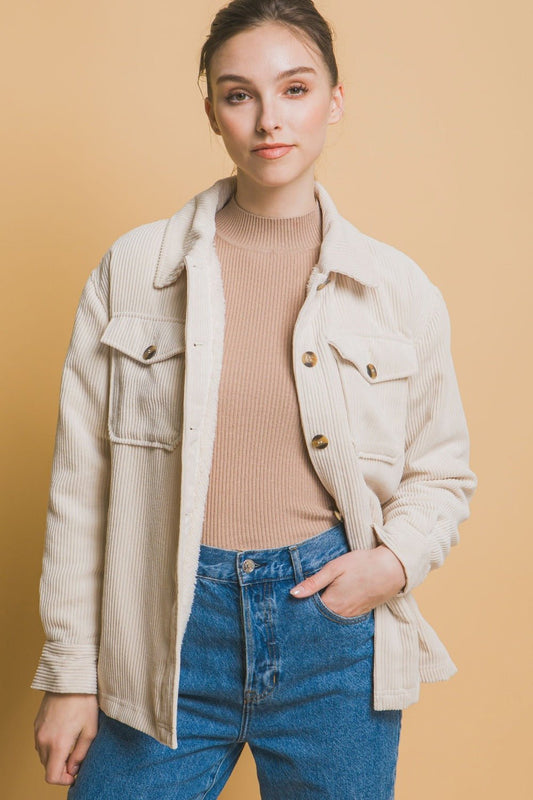 Love Tree - Sherpa Lined Button Up Corduroy Jacket in Cream