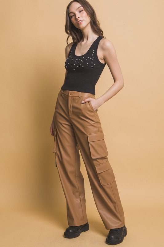 Love Tree - Vegan Leather Cargo Pants in Camel