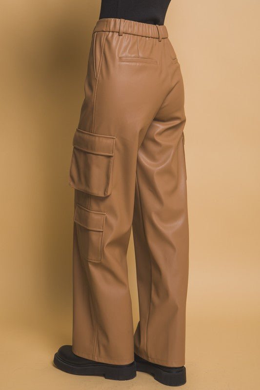 Love Tree - Vegan Leather Cargo Pants in Camel