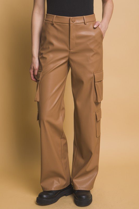 Love Tree - Vegan Leather Cargo Pants in Camel