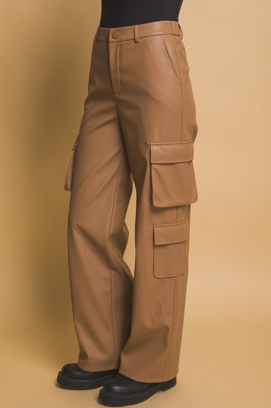 Love Tree - Vegan Leather Cargo Pants in Camel