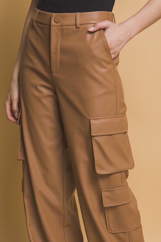 Love Tree - Vegan Leather Cargo Pants in Camel