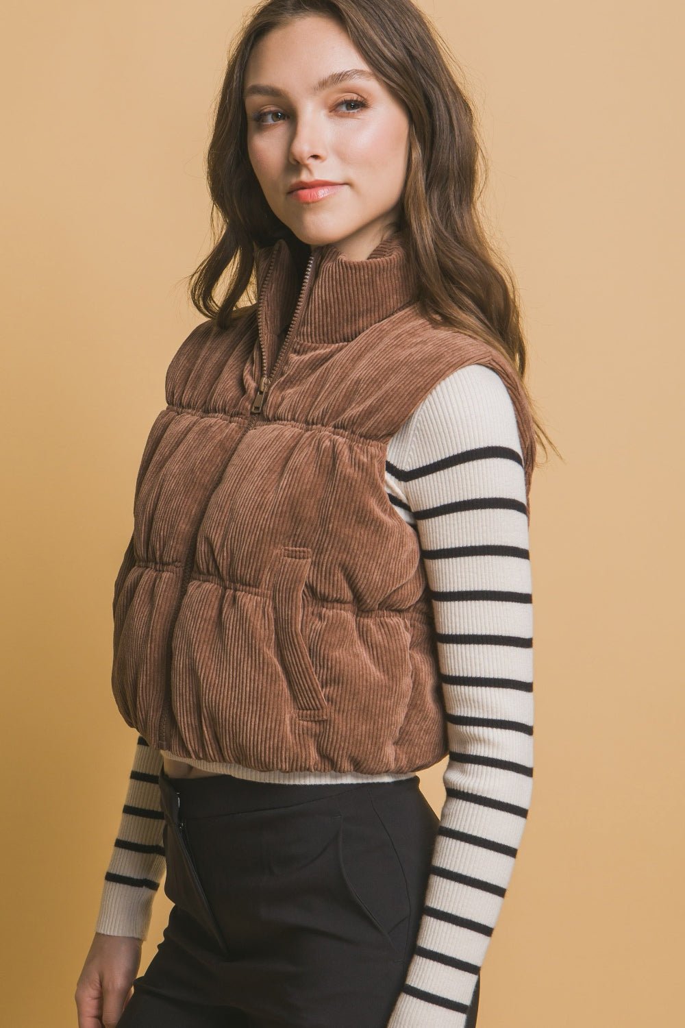 Love Tree - Zip Up Corduroy Puffer Vest with Pockets in Cocoa