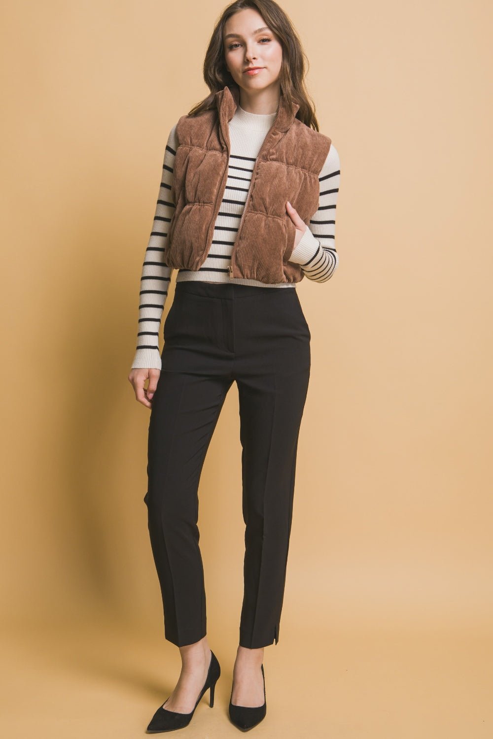 Love Tree - Zip Up Corduroy Puffer Vest with Pockets in Cocoa