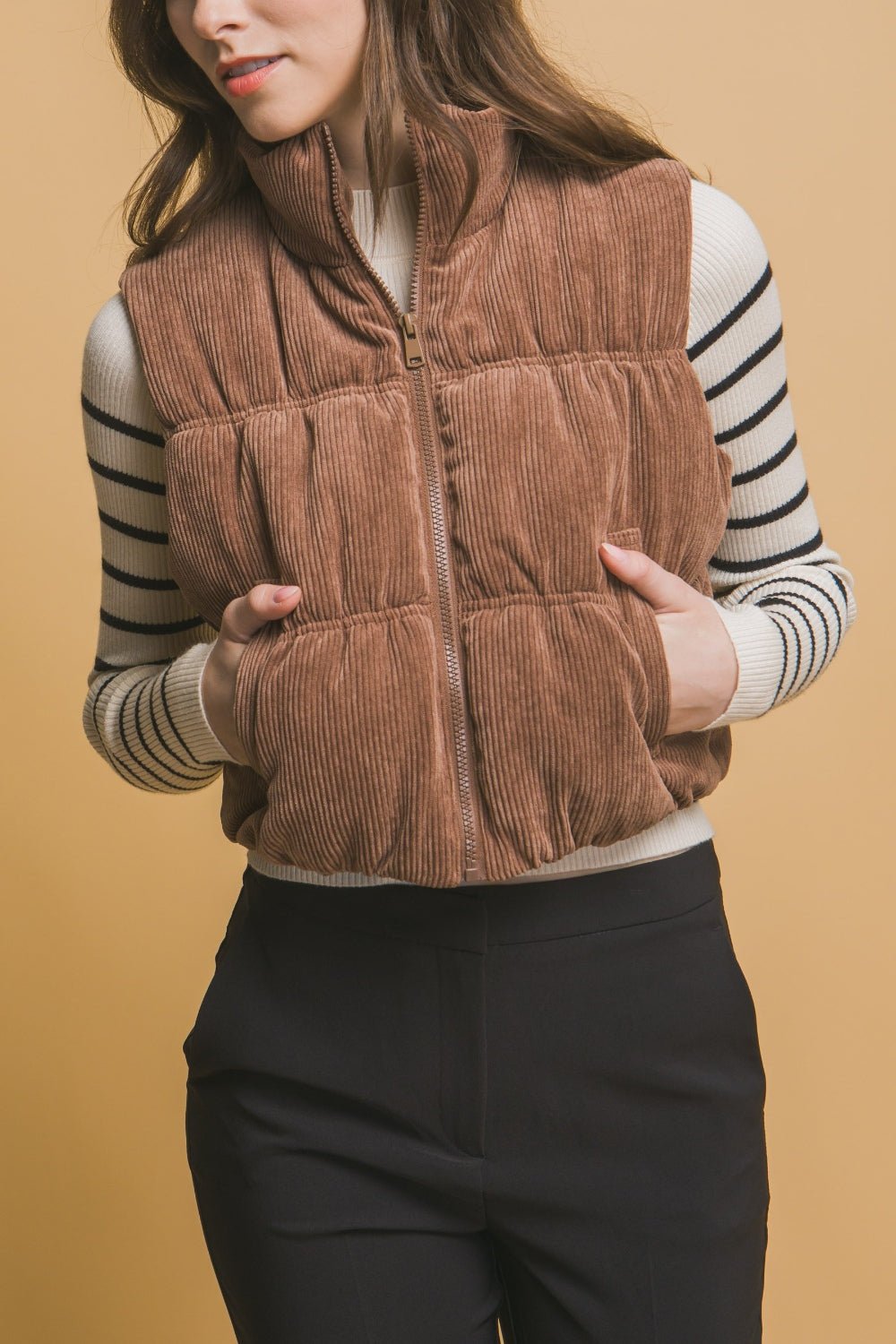 Love Tree - Zip Up Corduroy Puffer Vest with Pockets in Cocoa