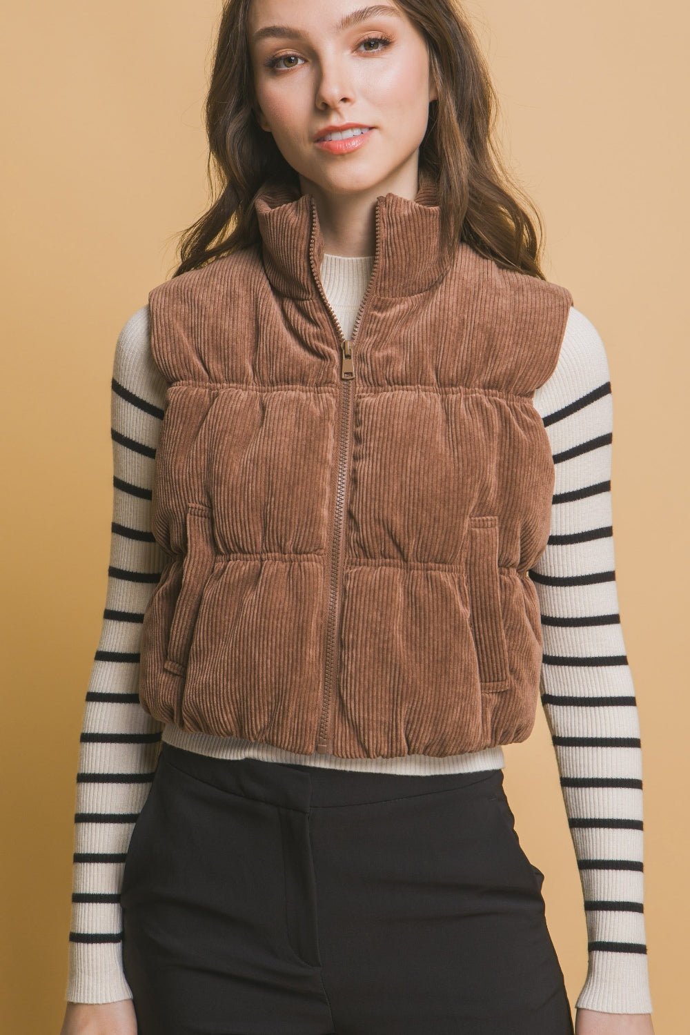 Love Tree - Zip Up Corduroy Puffer Vest with Pockets in Cocoa