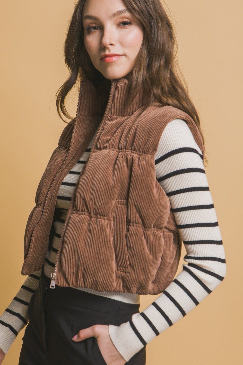 Love Tree - Zip Up Corduroy Puffer Vest with Pockets in Cocoa