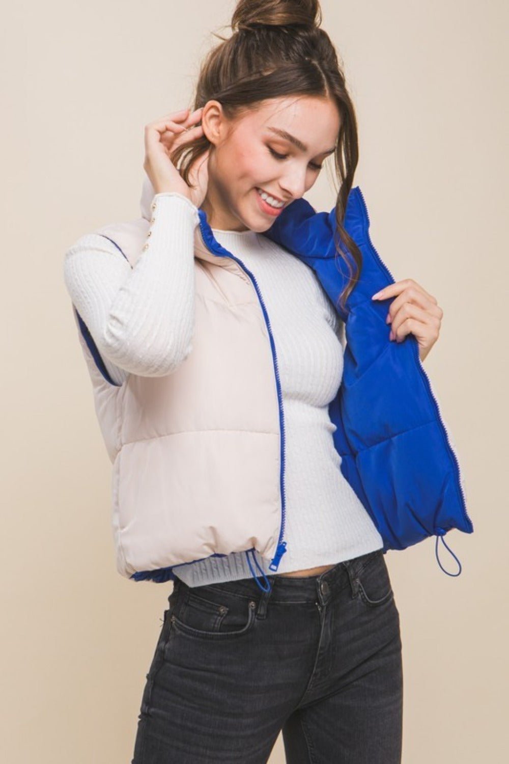 Love Tree - Zip Up Cropped Contrast Reversible Vest in Azure