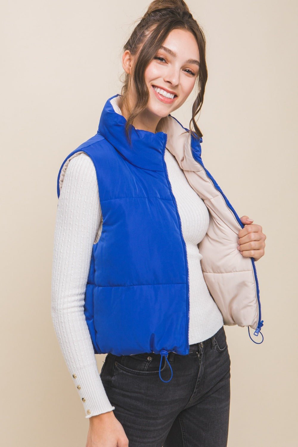 Love Tree - Zip Up Cropped Contrast Reversible Vest in Azure