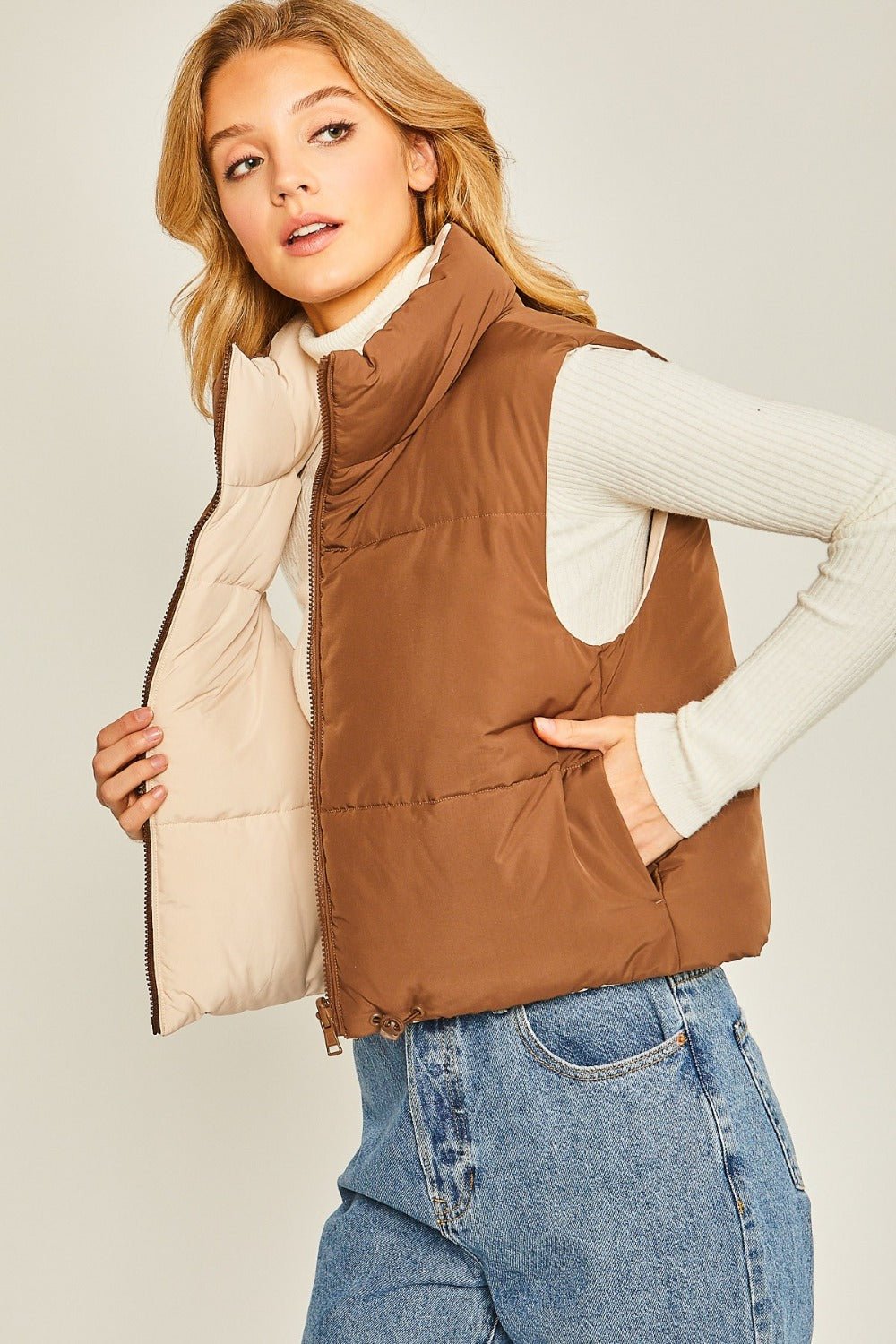 Love Tree - Zip Up Cropped Contrast Reversible Vest in Cocoa