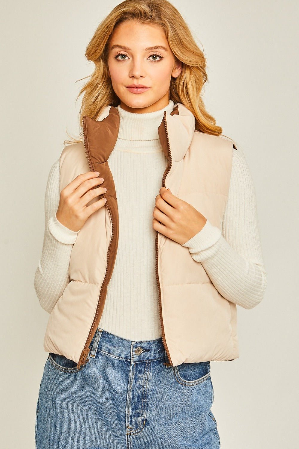 Love Tree - Zip Up Cropped Contrast Reversible Vest in Cocoa