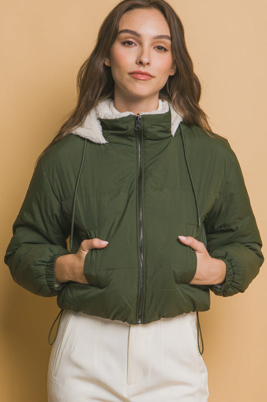 Love Tree - Zip Up Cropped Hooded Sherpa Jacket in Hunter