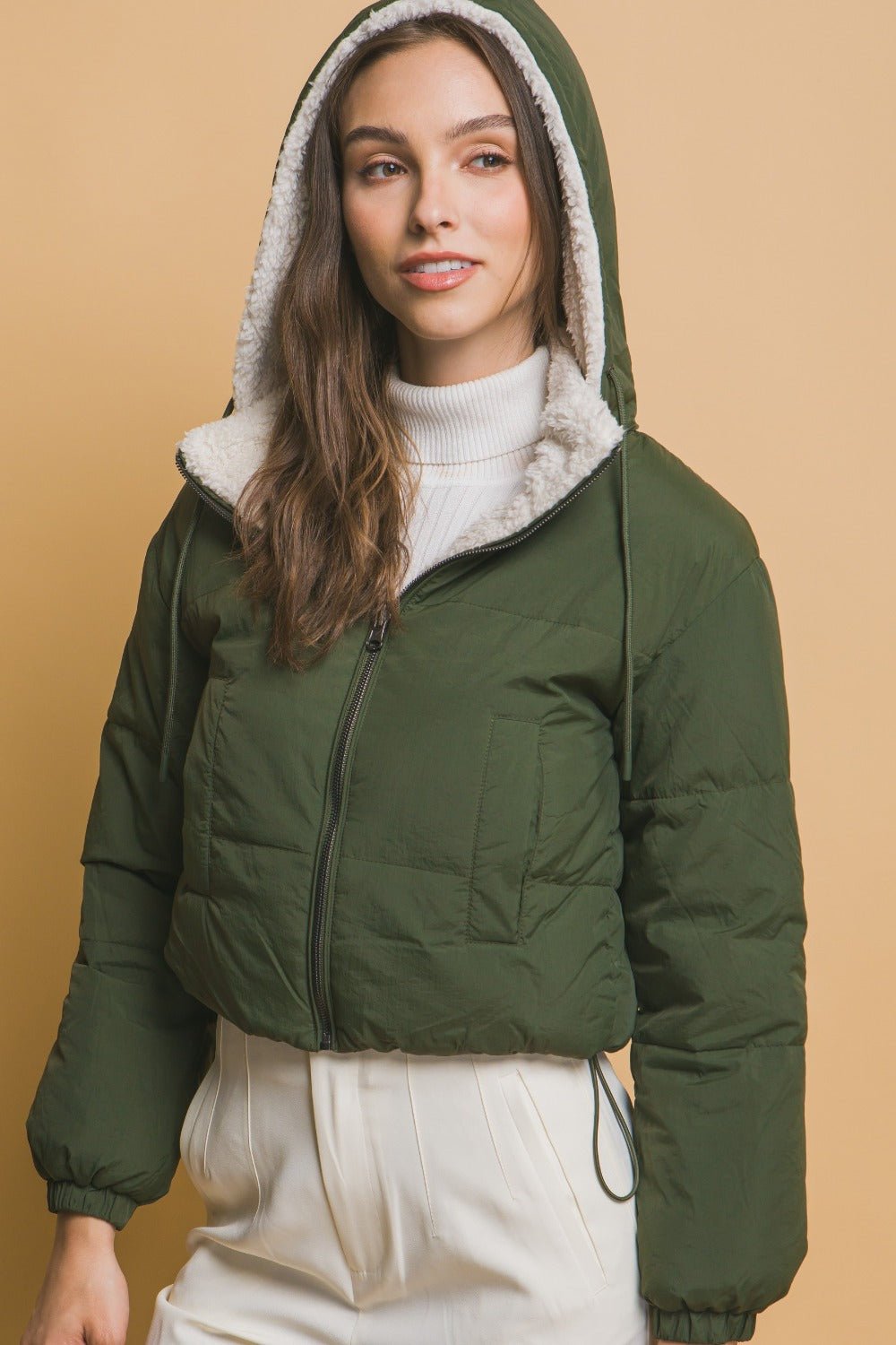 Love Tree - Zip Up Cropped Hooded Sherpa Jacket in Hunter