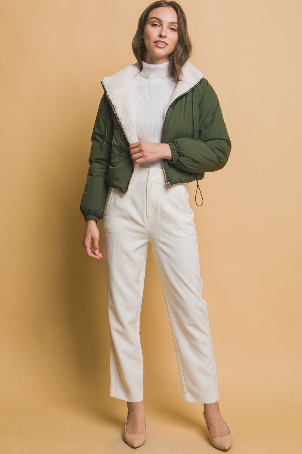 Love Tree - Zip Up Cropped Hooded Sherpa Jacket in Hunter