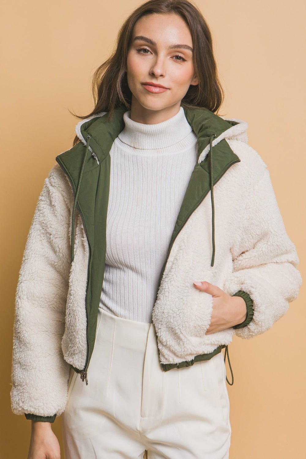 Love Tree - Zip Up Cropped Hooded Sherpa Jacket in Hunter