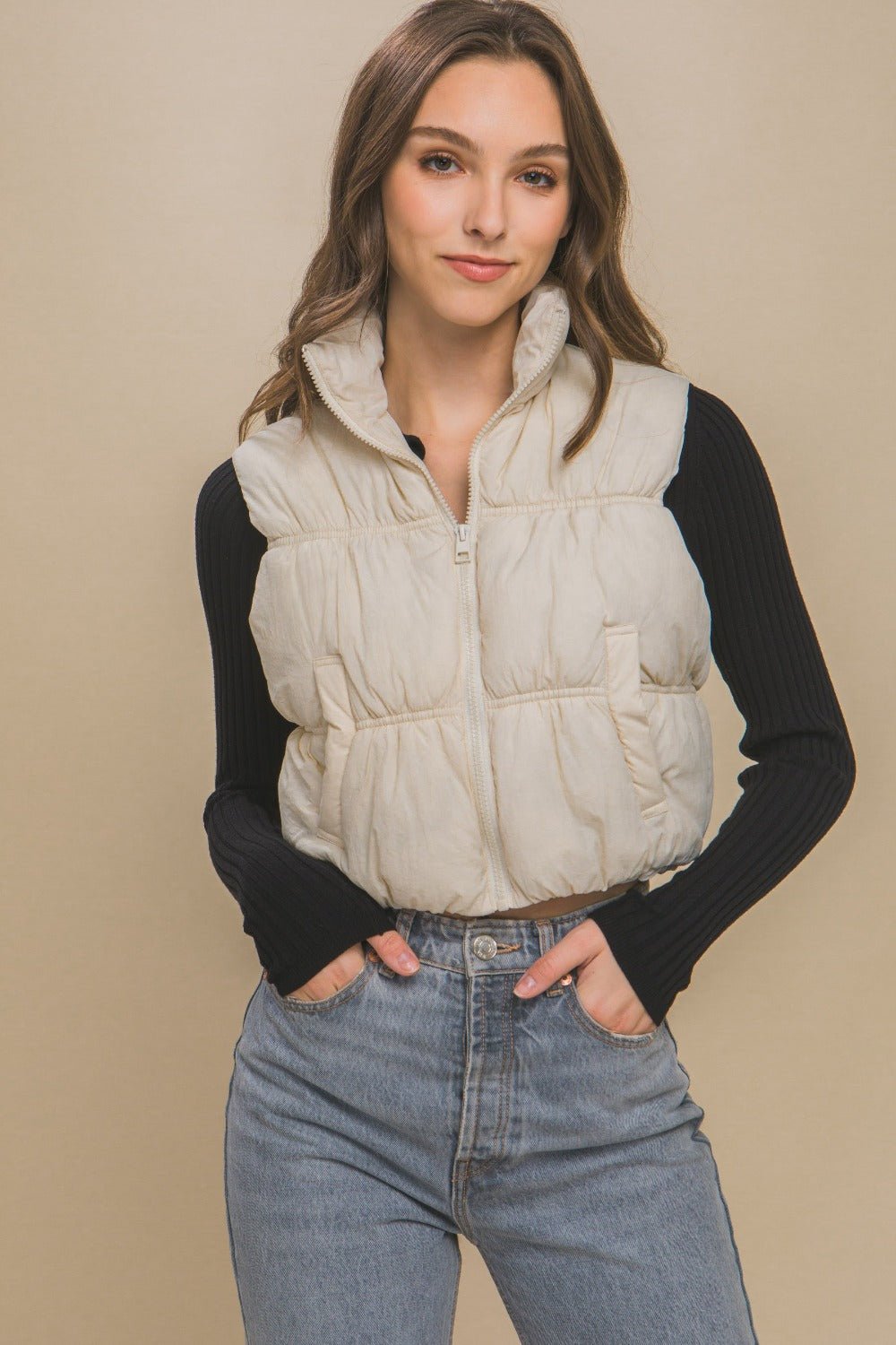 Love Tree - Zip Up Puffer Vest with Pockets in Cream