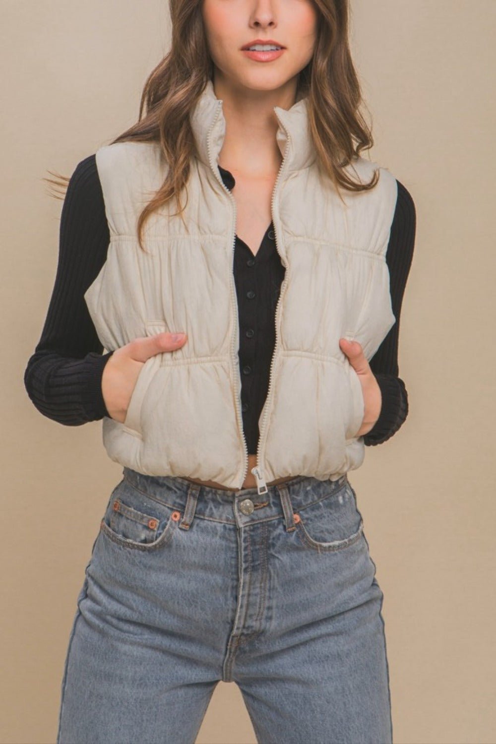 Love Tree - Zip Up Puffer Vest with Pockets in Cream