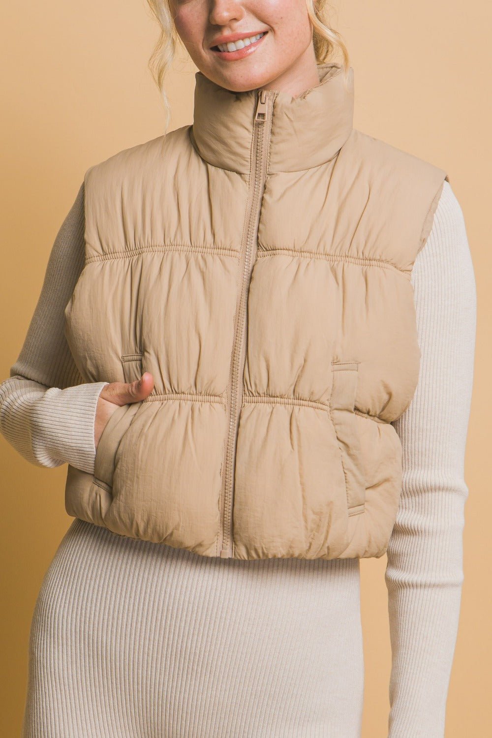 Love Tree - Zip Up Puffer Vest with Pockets in Khaki