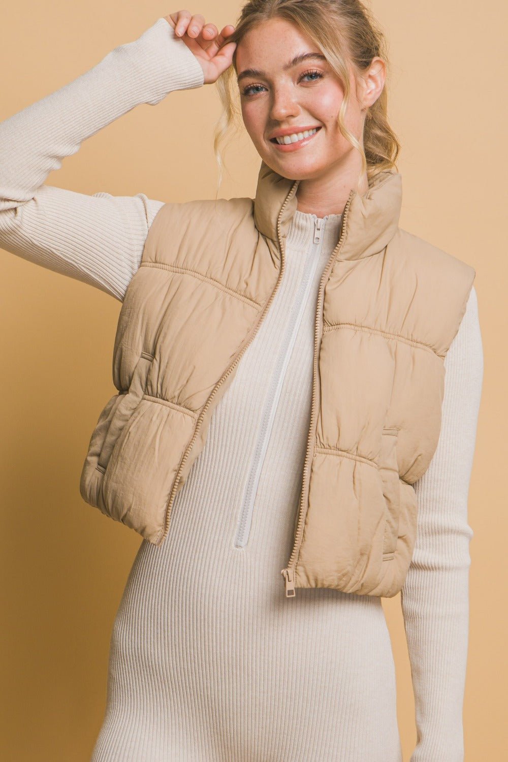 Love Tree - Zip Up Puffer Vest with Pockets in Khaki