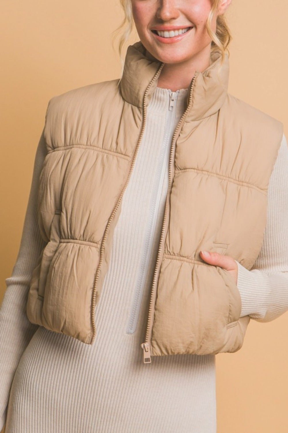 Love Tree - Zip Up Puffer Vest with Pockets in Khaki