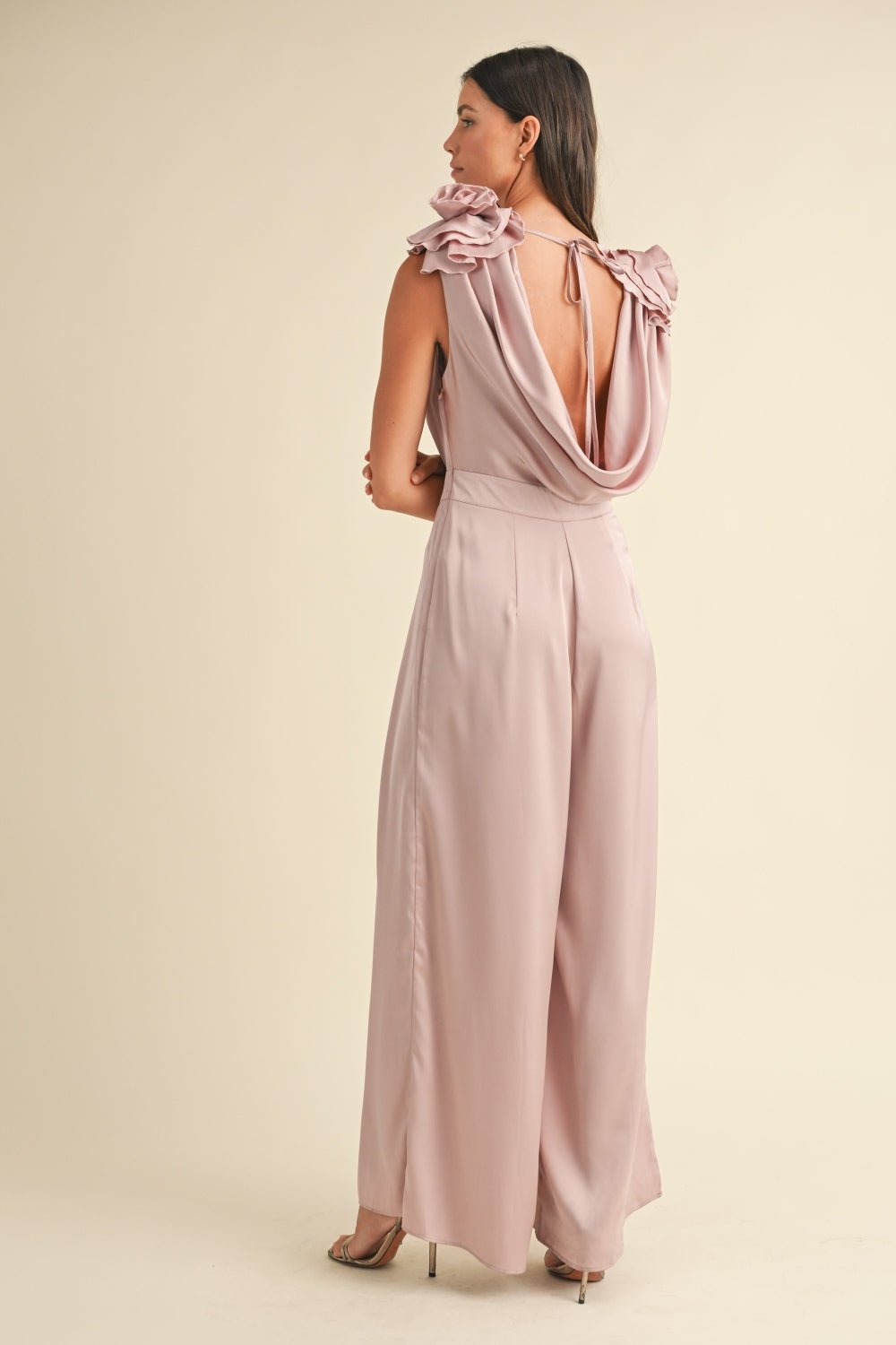 Mable - 3D Floral Applique Deep Cowl Neck Jumpsuit in Dusty Mauve