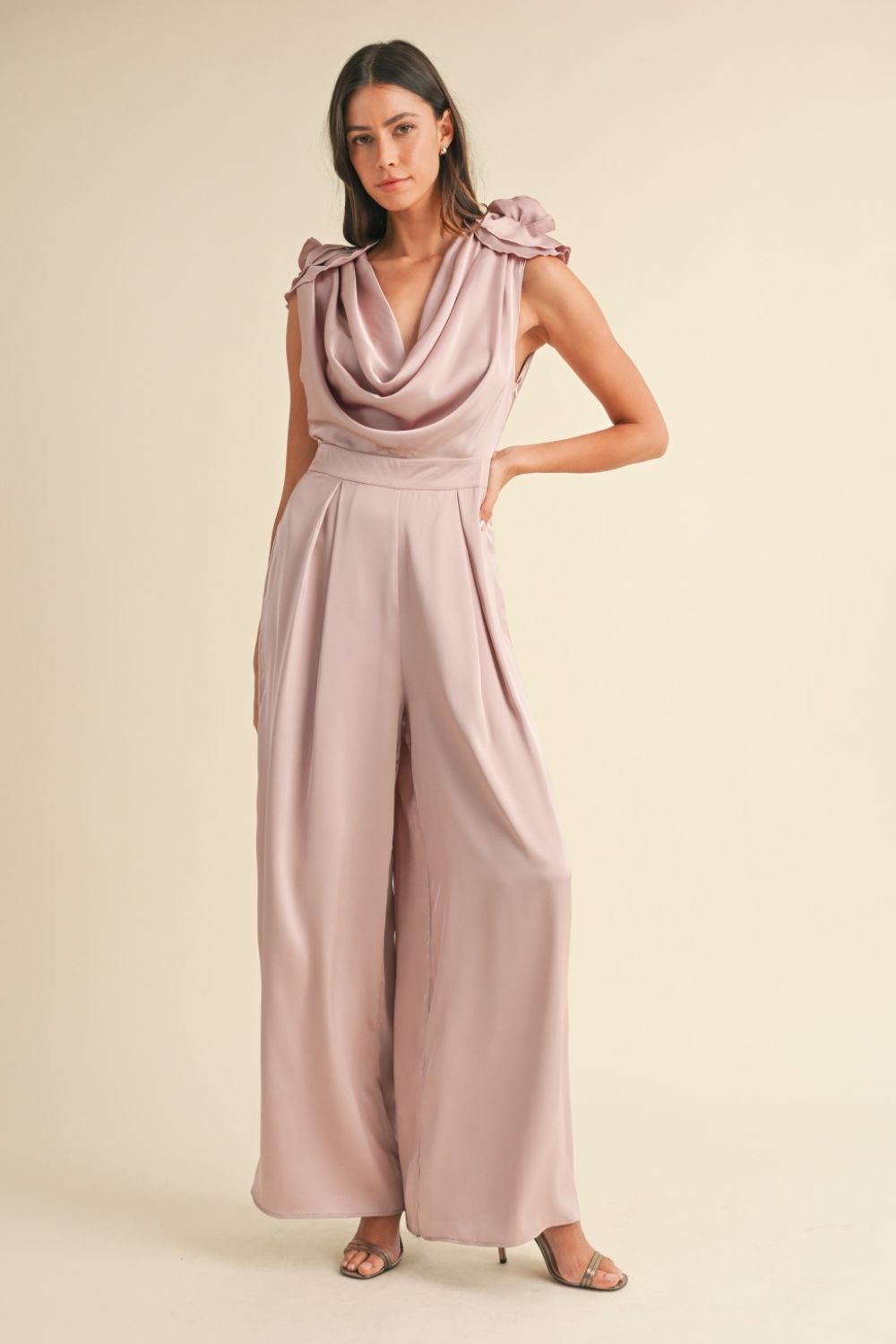 Mable - 3D Floral Applique Deep Cowl Neck Jumpsuit in Dusty Mauve