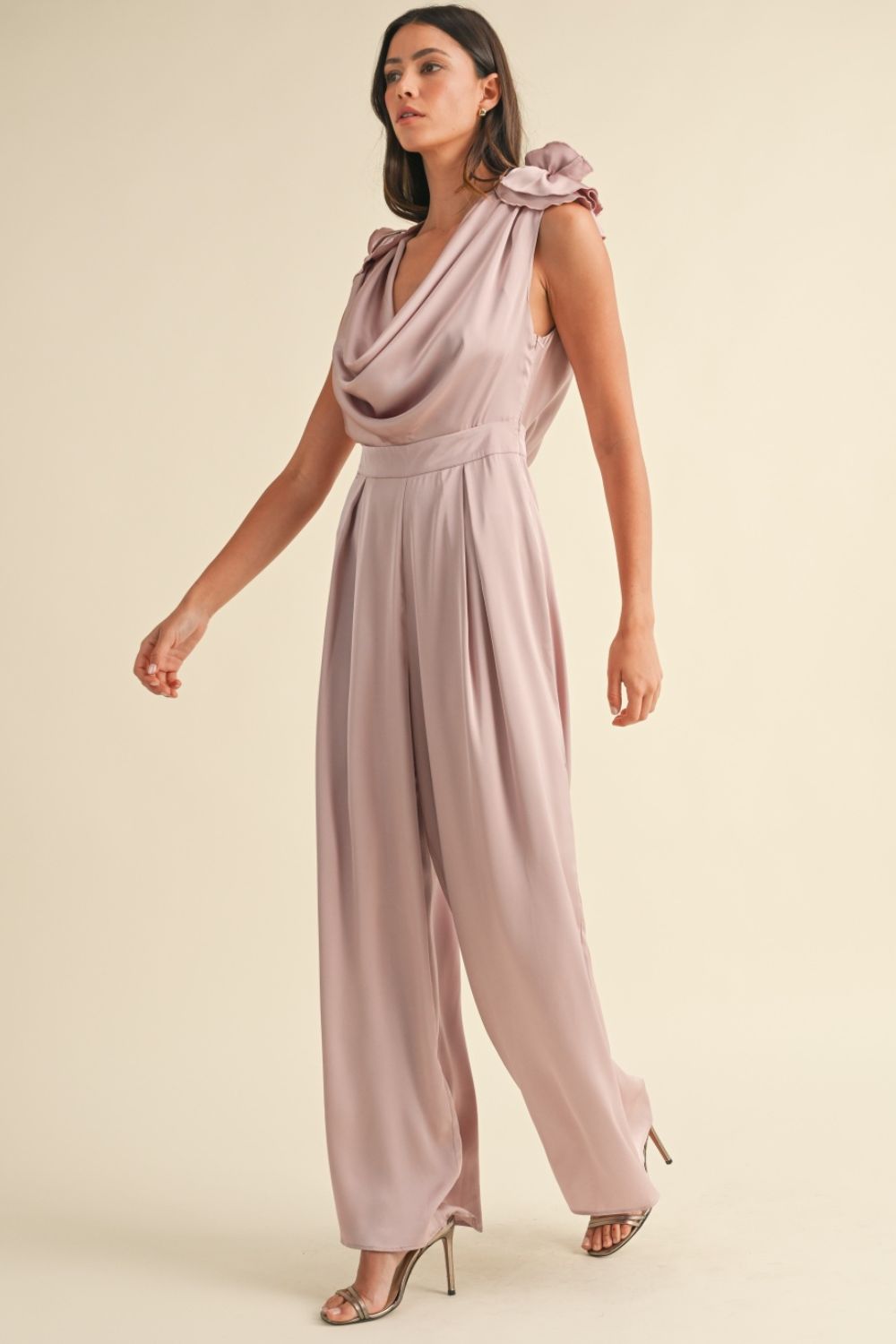 Mable - 3D Floral Applique Deep Cowl Neck Jumpsuit in Dusty Mauve