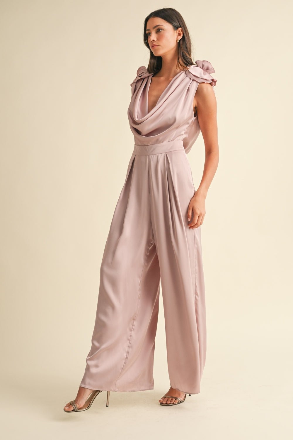 Mable - 3D Floral Applique Deep Cowl Neck Jumpsuit in Dusty Mauve