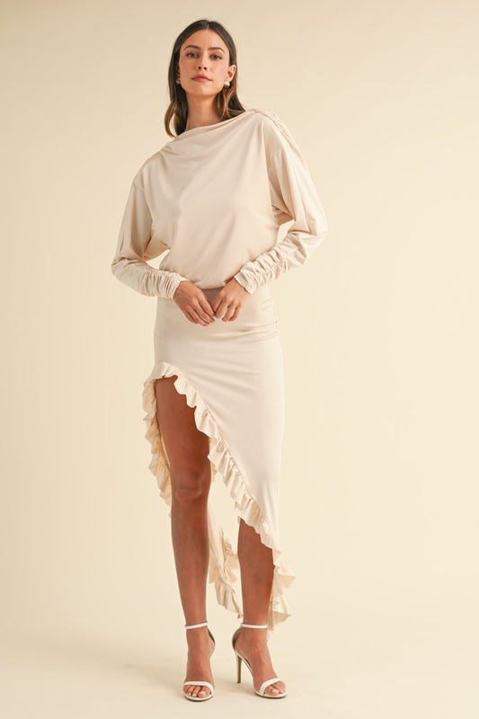 Mable - Backless Asymmetric Ruffle Hem Maxi Dress in Cream