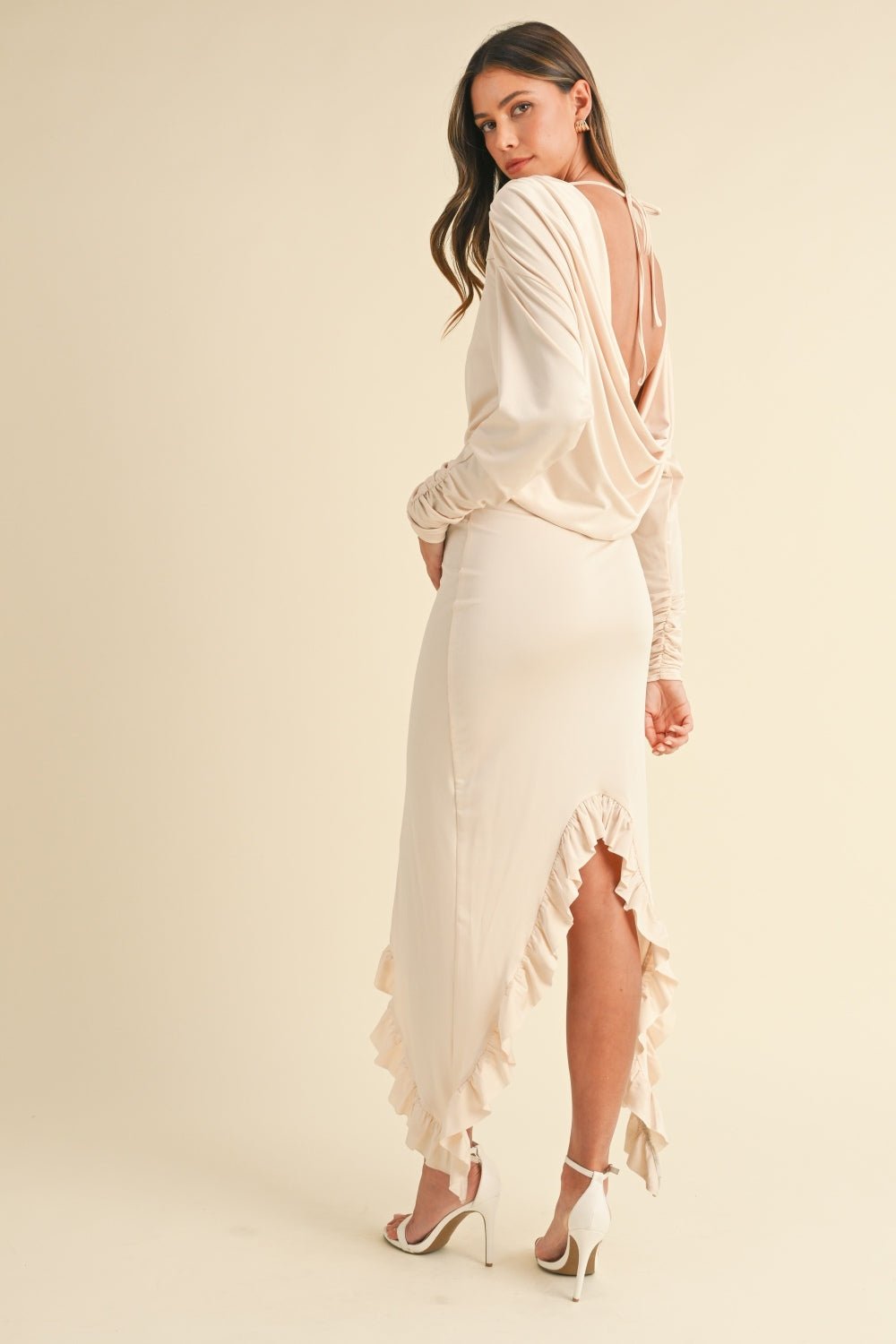 Mable - Backless Asymmetric Ruffle Hem Maxi Dress in Cream