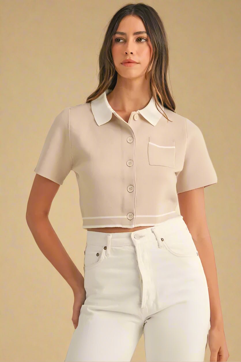 Mable - Beige Knit Cropped Button - Up Top